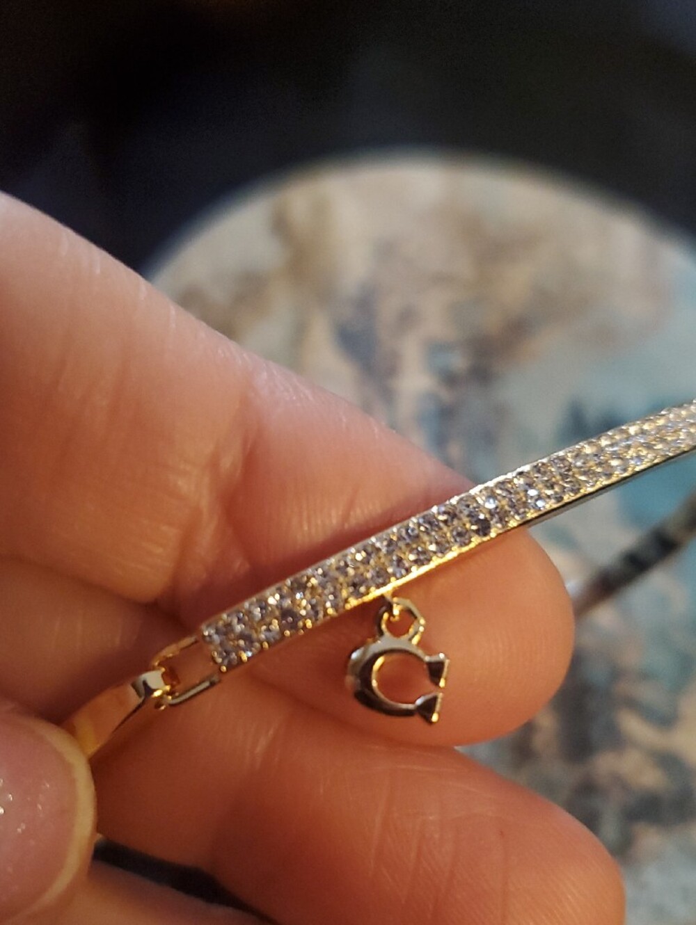 Coach Gold Crystal Pavé Heart Charm Bangle Bracelet